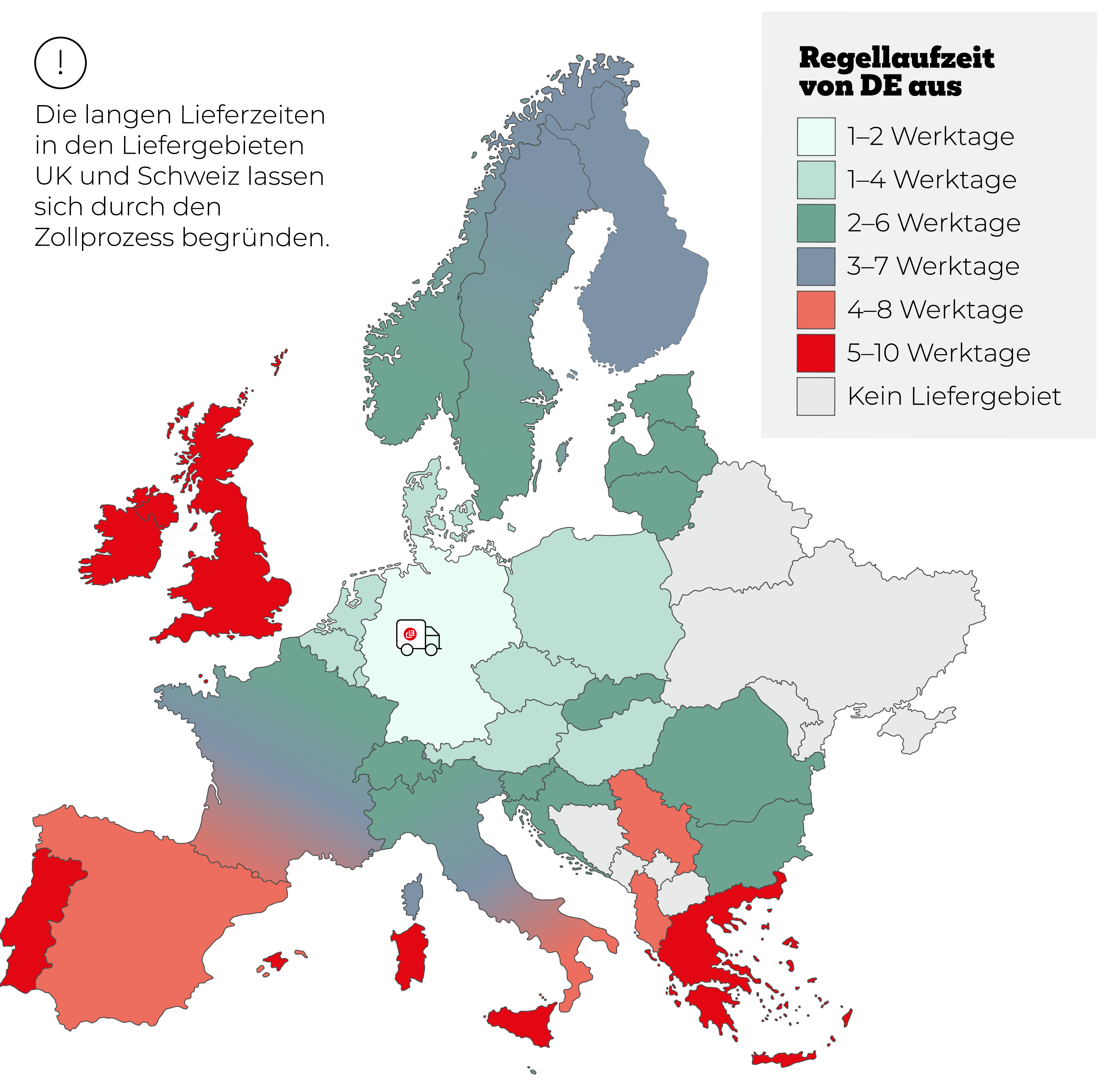 Europa Karte mit Lieferzeiten für Speditionssendungen